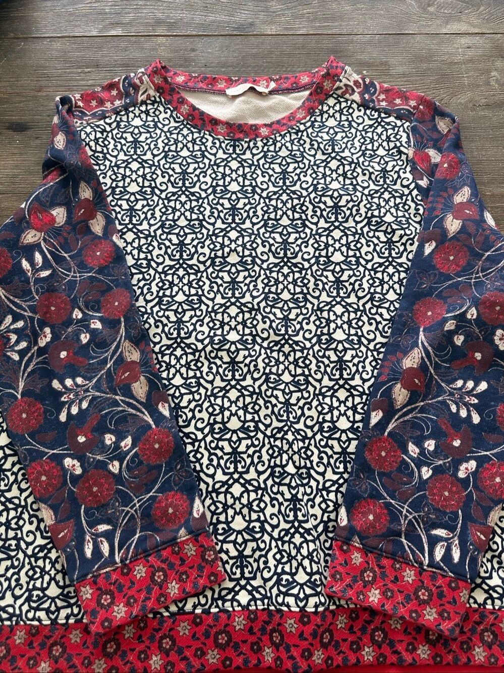 Tory Burch XL Pima Cotton Mixed Print Sweatshirt Floral Tile Pullover Top Peru